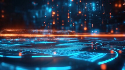 Fototapete - Futuristic technology background with glowing digital elements and circuit board in blue and orange tones, showcasing a high-tech scene. This 3D rendering represents a digital concept of big data visu