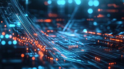 Fototapete - Futuristic technology background with glowing digital elements and circuit board in blue and orange tones, showcasing a high-tech scene. This 3D rendering represents a digital concept of big data visu