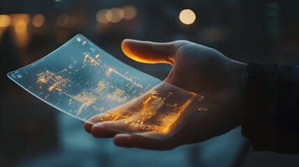 Hand Interacting with Transparent Flexible Plastic Screen Displaying Digital Data