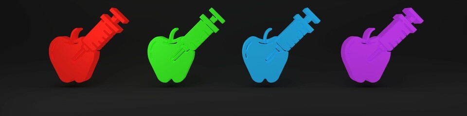 Wall Mural - Colorful Genetically modified apple icon isolated on black background. GMO fruit. Syringe being injected to apple. Minimalism concept. 3D render illustration