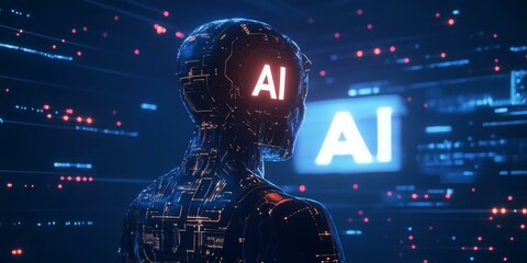 A digital AI robot stands before a screen with glowing