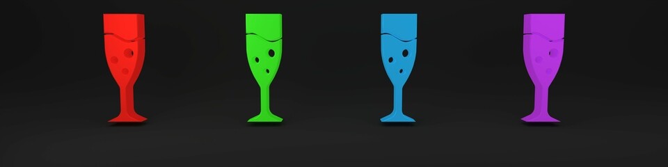 Canvas Print - Colorful Glass of champagne icon isolated on black background. Minimalism concept. 3D render illustration