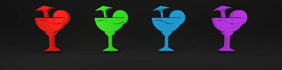 Sticker - Colorful Cocktail and alcohol drink with umbrella icon isolated on black background. Minimalism concept. 3D render illustration