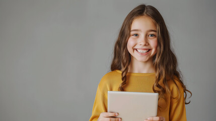 Beautiful Little Girl Using Tablet Computer Happy Smiling Isolated Over Gray Background