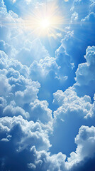 Wall Mural - A radiant sun bursts through fluffy white clouds, casting a heavenly glow on a vast blue sky.