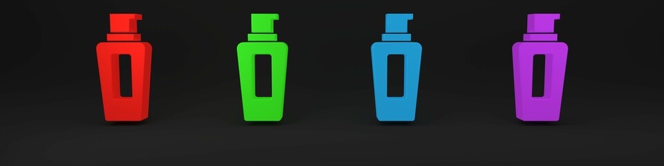 Wall Mural - Colorful Bottle of shampoo icon isolated on black background. Minimalism concept. 3D render illustration