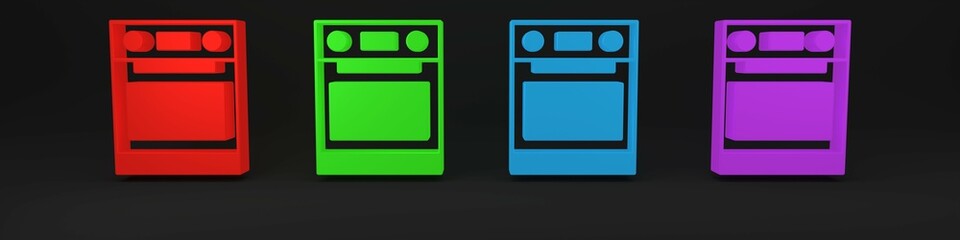 Wall Mural - Colorful Oven icon isolated on black background. Stove gas oven sign. Minimalism concept. 3D render illustration