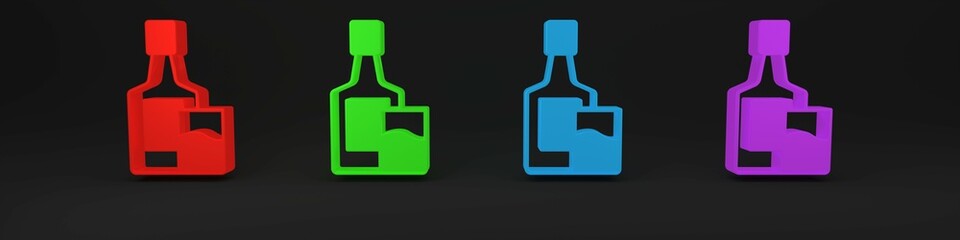 Wall Mural - Colorful Whiskey bottle and glass icon isolated on black background. Minimalism concept. 3D render illustration