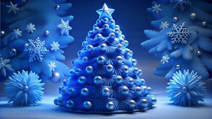 Magical blue Christmas tree with shiny ornaments against starry night background