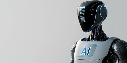 futuristic robot with glowing ai logo.