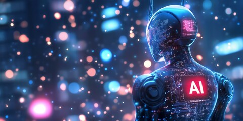 Canvas Print - AI robot with glowing circuits against a bokeh background.