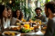 © Visual Venture - Group of Happy friends having breakfast in the restaurant, Generative AI