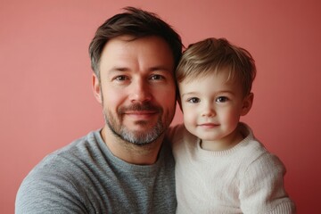 Portrait of sporty dad and his son on color background, Generative AI