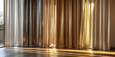 Poster - Curtains with textured fabric in various shades of gold.