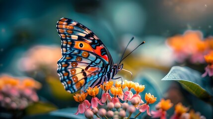 Wall Mural - Close up of Vibrant Butterfly with Intricate Wing Patterns Resting on Blooming Flower