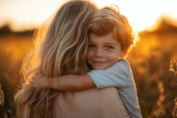 Wall Mural - Cute kid boy hugging his mother on a summer meadow on beautiful summer sunset. Happy family together. Mum and child. Motherhood and childhood. Family walking in the field, Generative AI