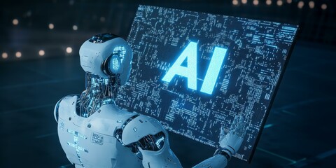 Robot interacting with AI display.