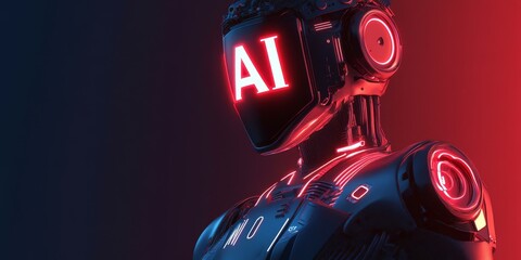 AI robot with red lights and dark background.