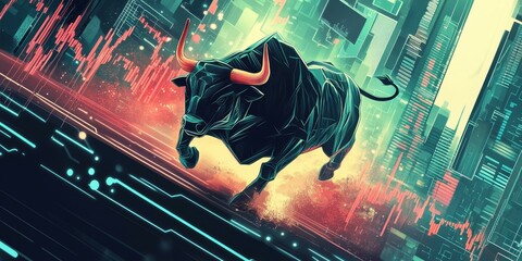 Canvas Print - A black bull charges through a futuristic city.