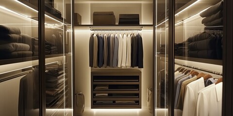 Well-lit walk-in closet with clothes and shelves.