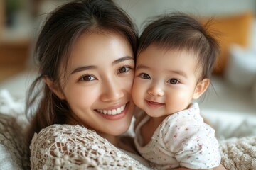 family and motherhood concept - happy smiling young asian mother with little baby at home, Generative AI