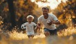 © Pixel Hues - dad and throw with football on grass field for outdoor sports, exercise and child development. Smile, man and happy with son in nature for teaching, practice and bonding together, Generative AI