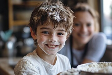 Mom teaches teen boy how to cook in the home kitchen. Teenager boy is cooking by himself. Independent child. Kid boy 12 years makes a breakfast. Smiling mom and son in the kitchen, Generative AI