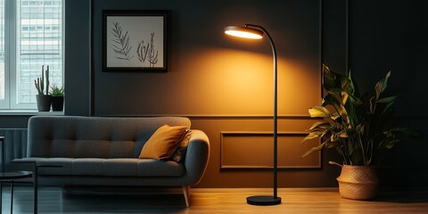 Poster - Living room with couch, lamp, plant, and art.