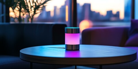 Sticker - A silver lamp glows pink on a table.