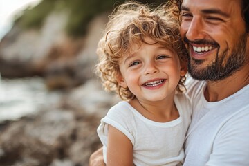 Wall Mural - Laughing father and his son having fun together, Generative AI