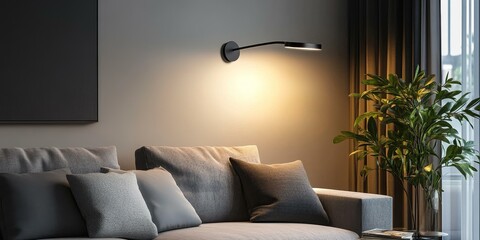 Wall Mural - Couch, pillows, plant, lamp,  curtains, window.