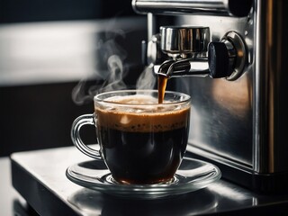 A fresh cup of coffee being poured from a coffee machine into a large glass mug, with steam rising, isolated on white.