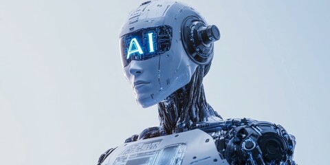 A futuristic robot with an AI display.