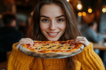 Funny brunette girl in yellow sweater eating pizza at restaurant, Generative AI