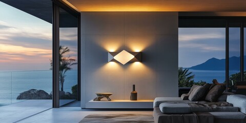 Sticker - Modern living room with ocean view and geometric lamp.