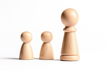 A trio of wooden game pieces in varying sizes, symbolizing growth, teamwork, and strategy on a clean white background.