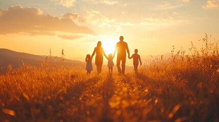 Happy family: mother, father, children son and daughter on sunset, Generative AI