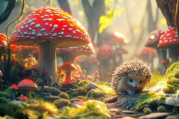 A small hedgehog is standing under a large red mushroom