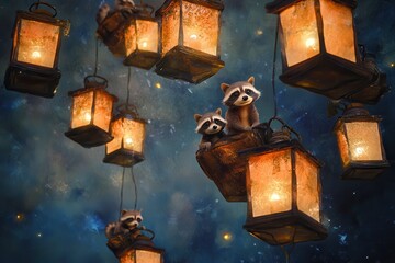 Poster - A group of raccoons are hanging from lanterns in the dark