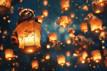 Poster - A group of raccoons are hanging from lanterns in the dark