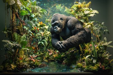 Sticker - A large gorilla is in a jungle setting, surrounded by lush greenery and a river