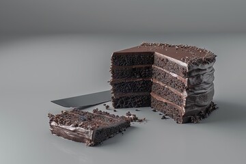 Chocolate cake with a cut piece and blade on gray background  closeup