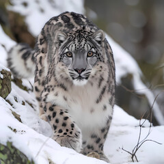 A snow leopard gracefully poses in a snowy landscape, captured beautifully 