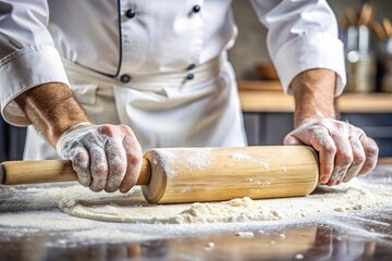 Baker Rolling Dough with Floury Hands. Close-up of a baker's hands rolling dough with a rolling pin, creating a floury and rustic scene.