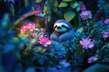 Sticker - A sloth is sitting on a flower in a garden