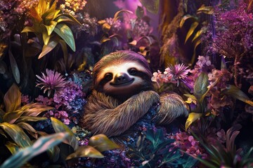 Sticker - A sloth is sitting on a flower in a garden