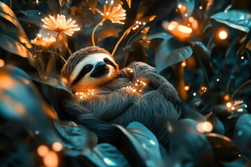 Poster - A sloth is sitting on a flower in a garden