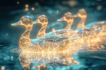 A group of four ducks are swimming in a body of water