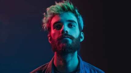 Poster - A striking portrait of a man with vibrant hair and beard. The image features cool lighting in shades of blue and red. Ideal for creative projects and modern aesthetics. AI