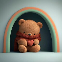 Wall Mural - Teddy Bear Holding a Heart in a Rainbow Archway